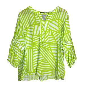 Multiples Womens Popover Blouse PL Green‎ Geometric Sheen Office Vacation